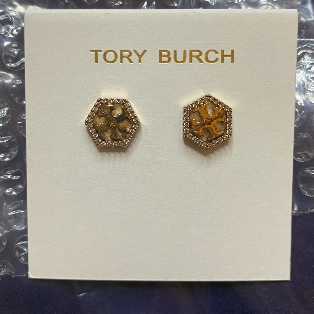 New!! Tory Burch hexagon pave stud earrings